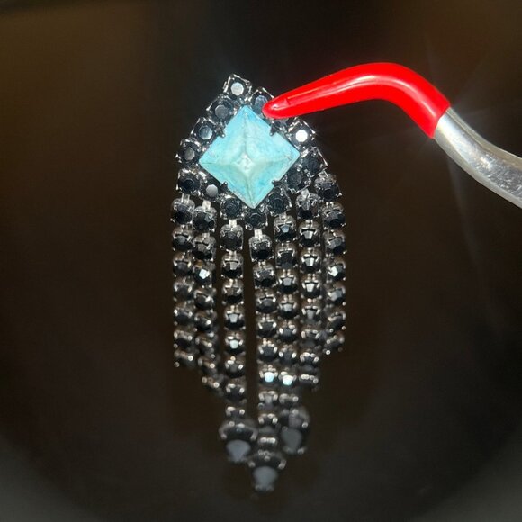 Pyramid Turquoise Black Rhinestones Drop Earrings - Picture 2 of 6